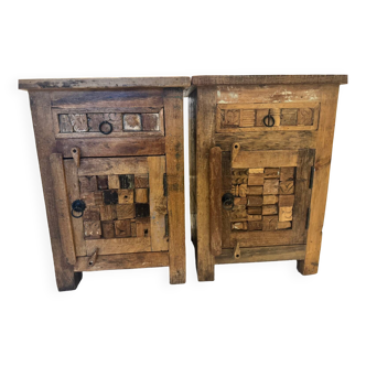 Set of 2 wooden mosaic bedside tables