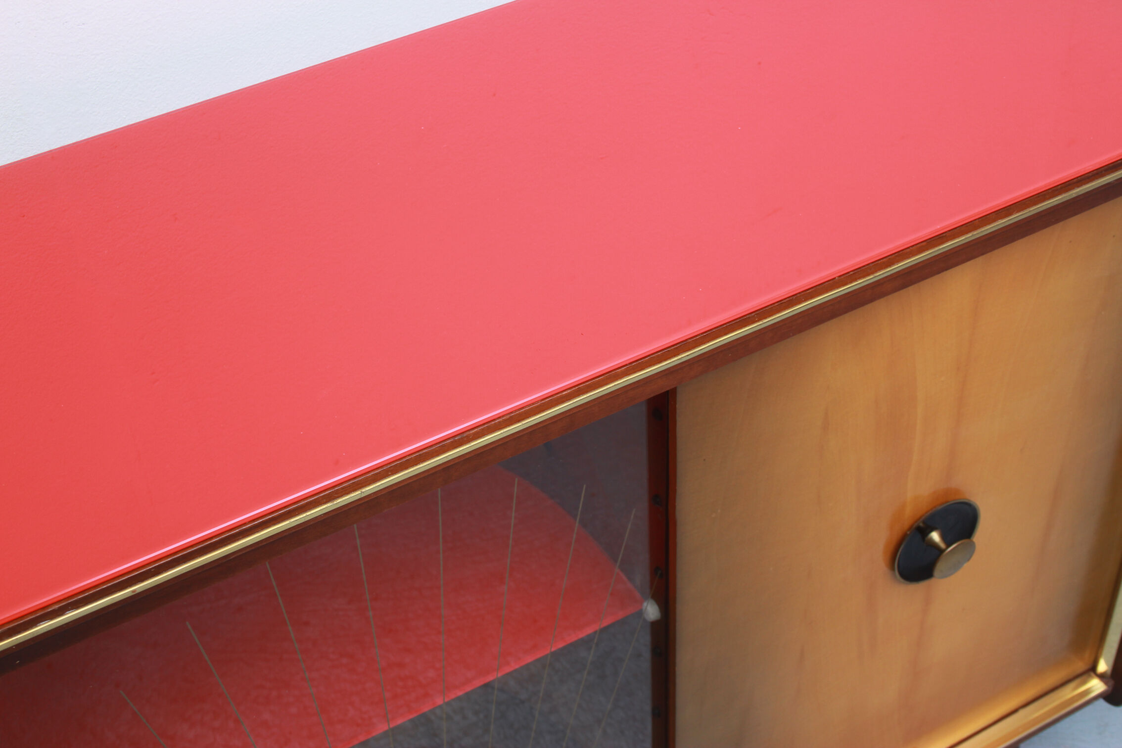 1950s bar cabinet in maple and glass