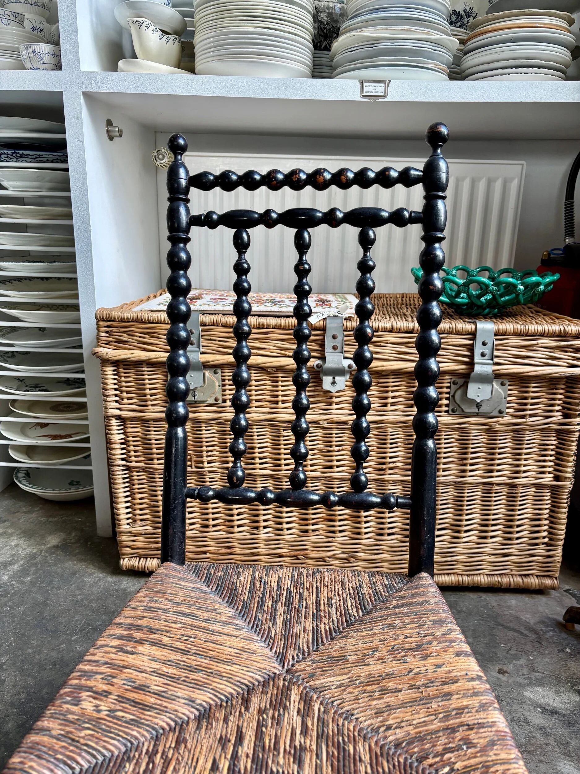 Low chair, Napoléon III child in blackened wood and woven straw.