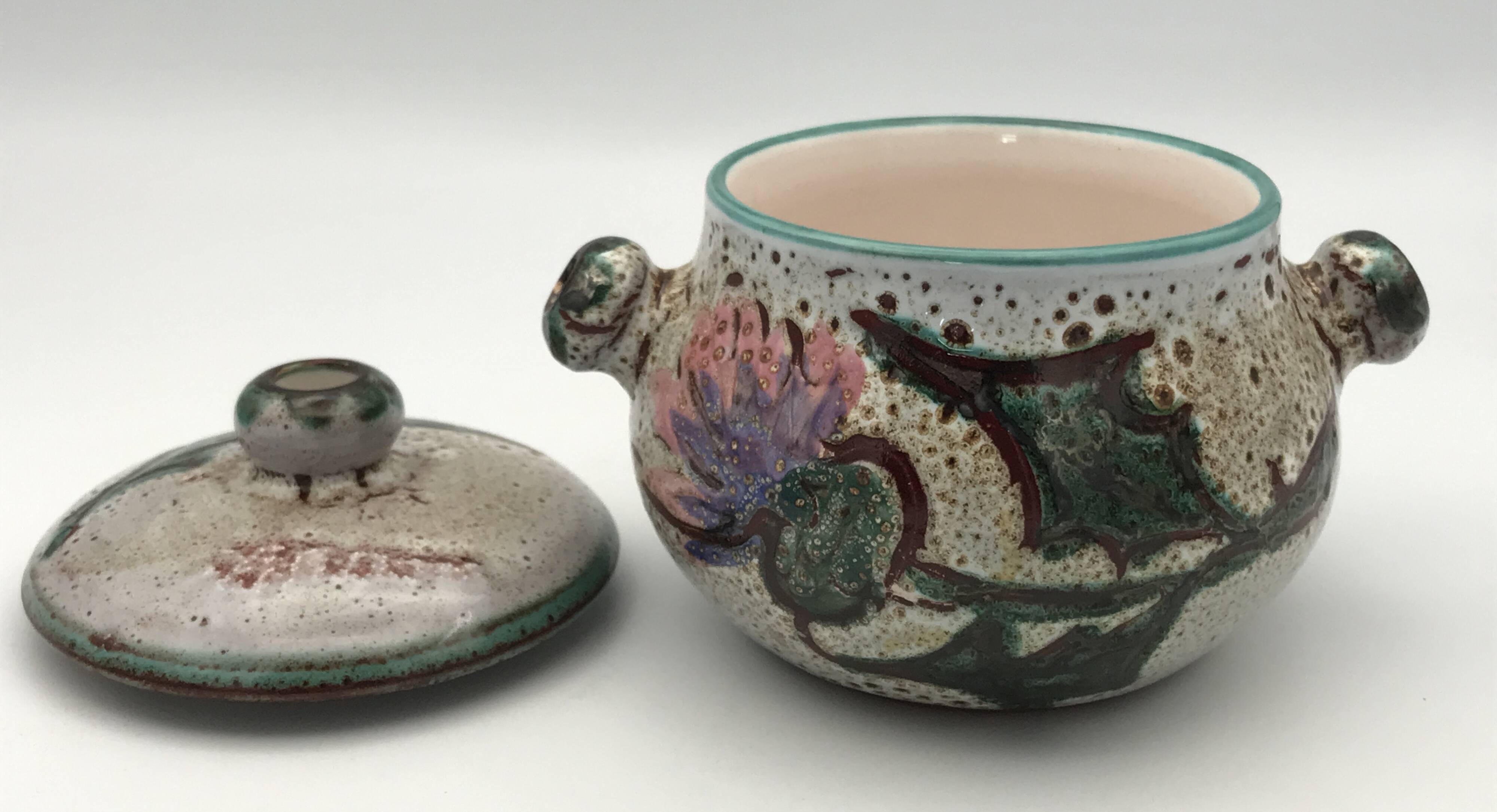 Vintage candy jar in enameled ceramic from Vallauris with thistle decoration