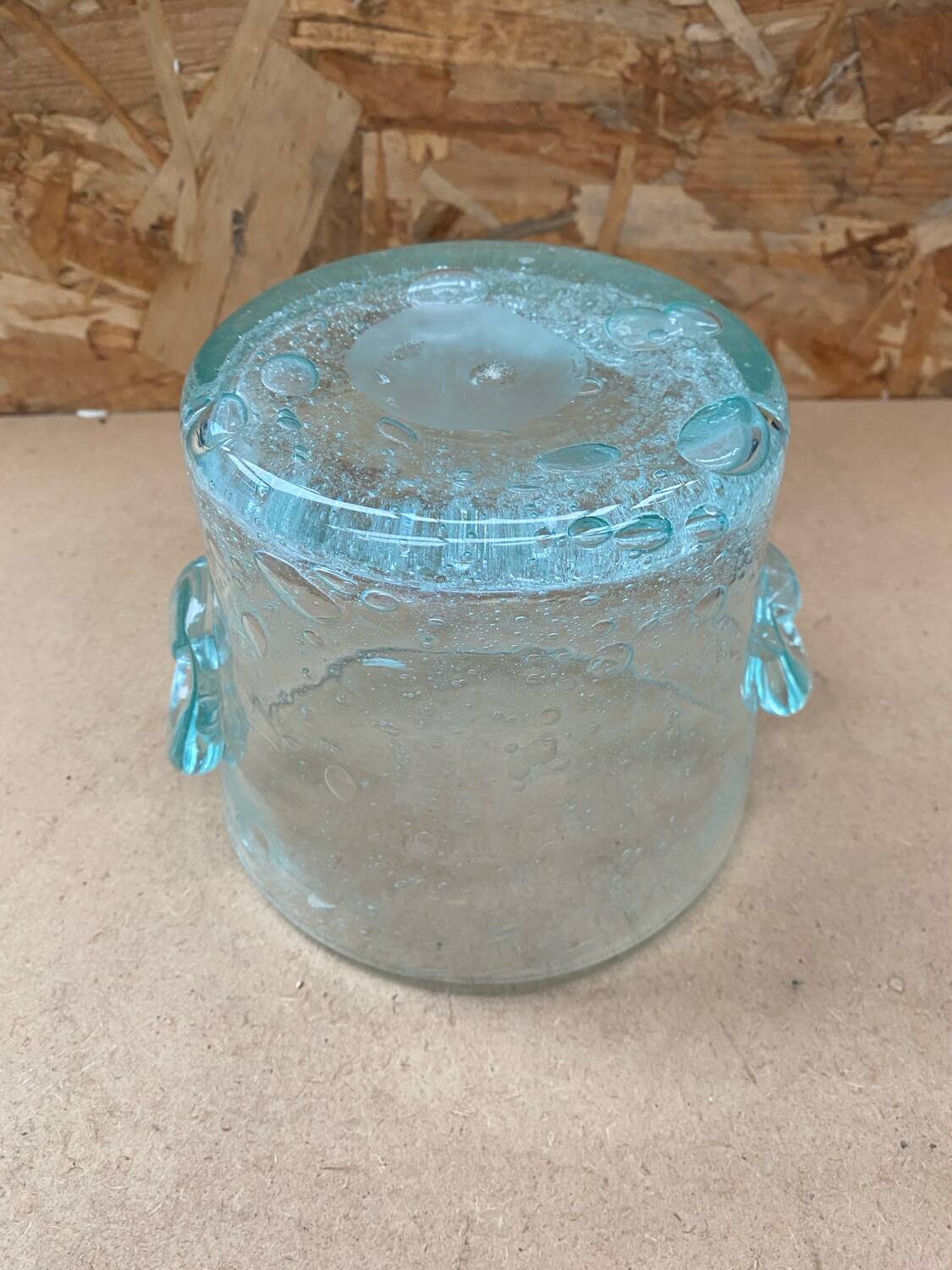 Antique BIOT Style Ice Bucket Blue Bubble Blown Glass Vintage #B620