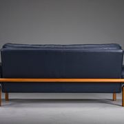Danish teak and navy blue leather 3-seater sofa from Komfort, 1970s