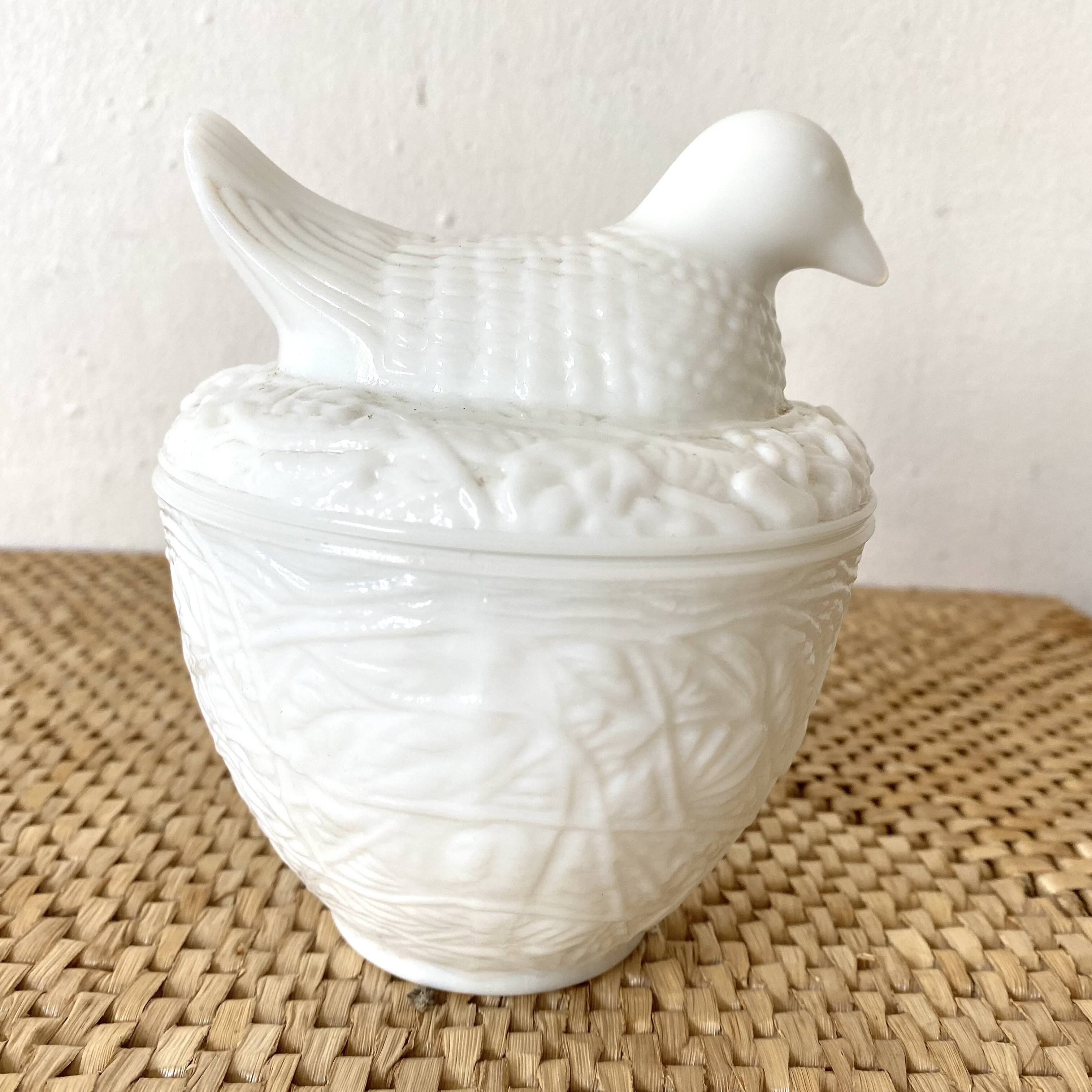 White opaline bird sugar bowl