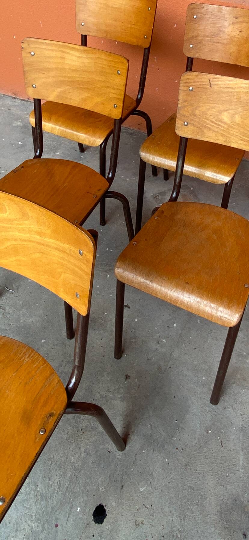 10 mismatched school chairs, restaurant, 1960s