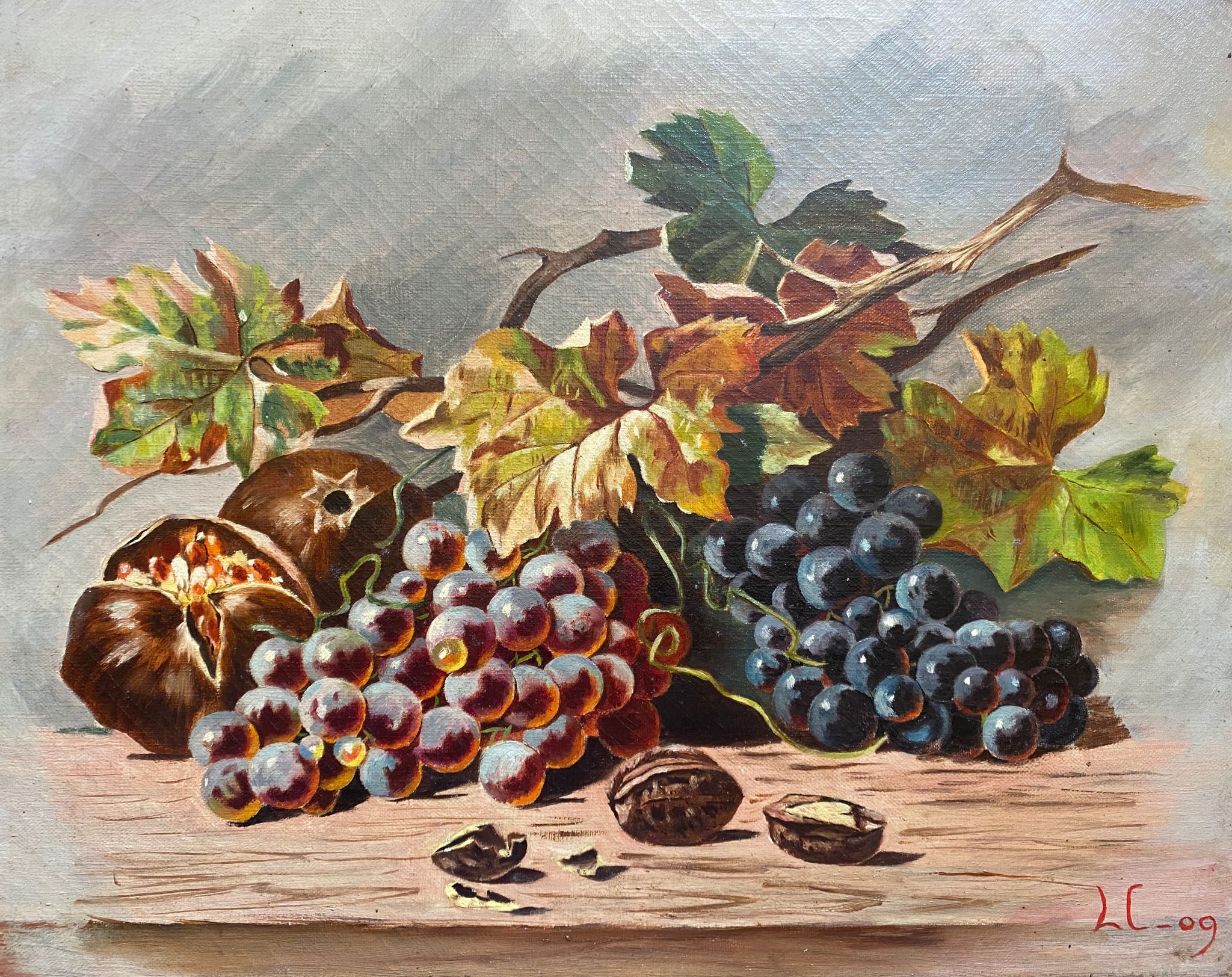 Tableau 1909 "Nature morte aux noix et raisins" Monogramme et cadre