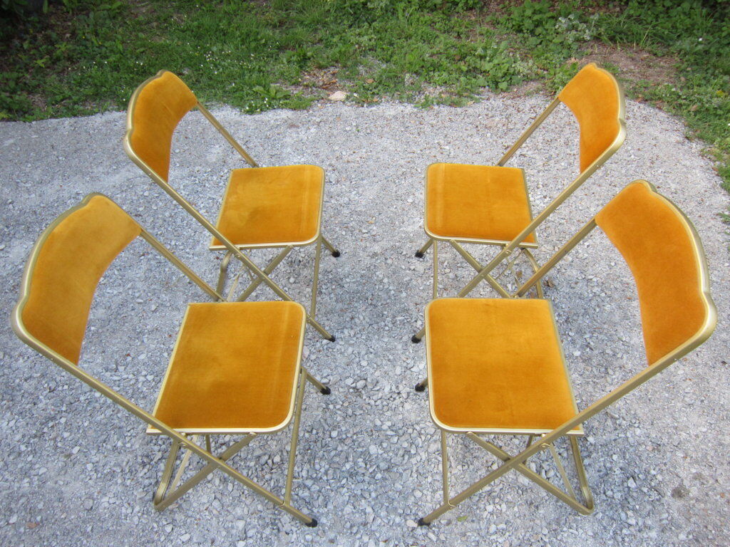 Série de 4 chaises pliantes métal doré et tissus