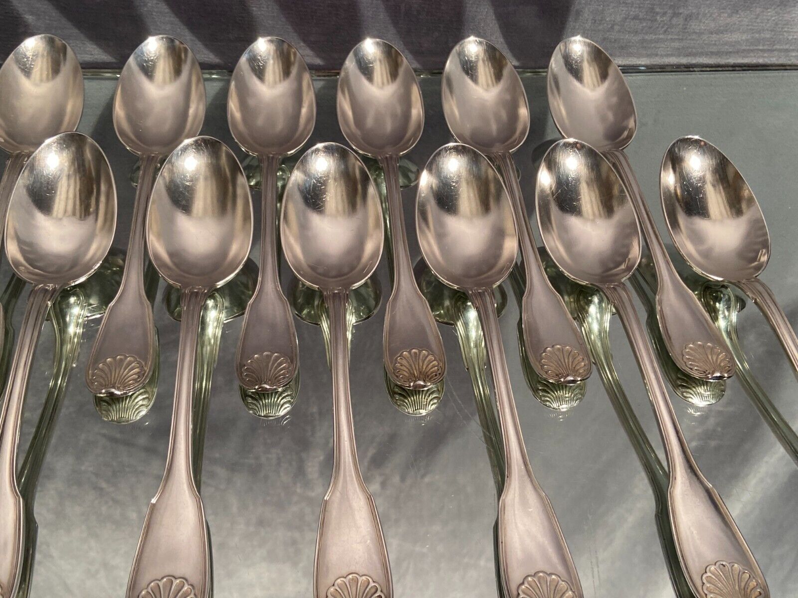 Suite of 12 large spoons silver metal decoration shell Louis XV Boulenger