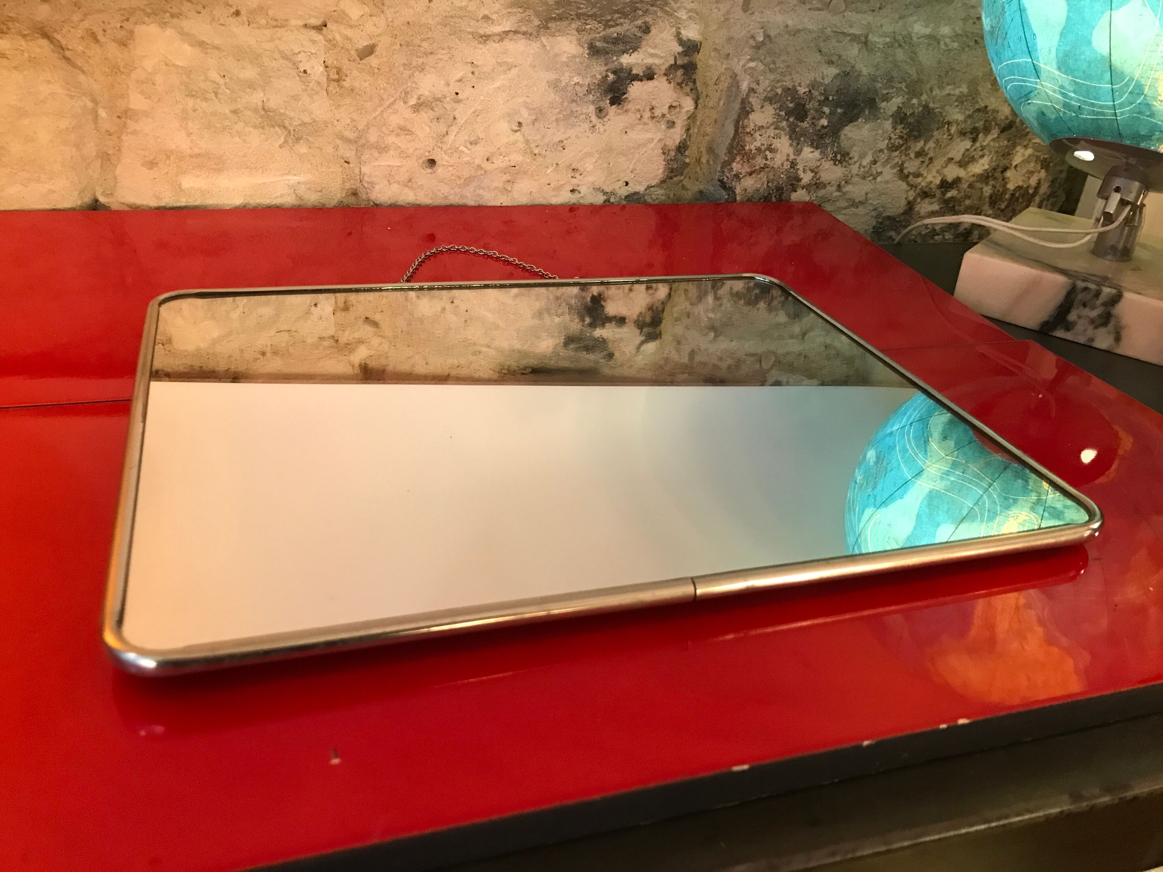 Barber mirror 30 x 24 chrome with vintage chain 1960 60