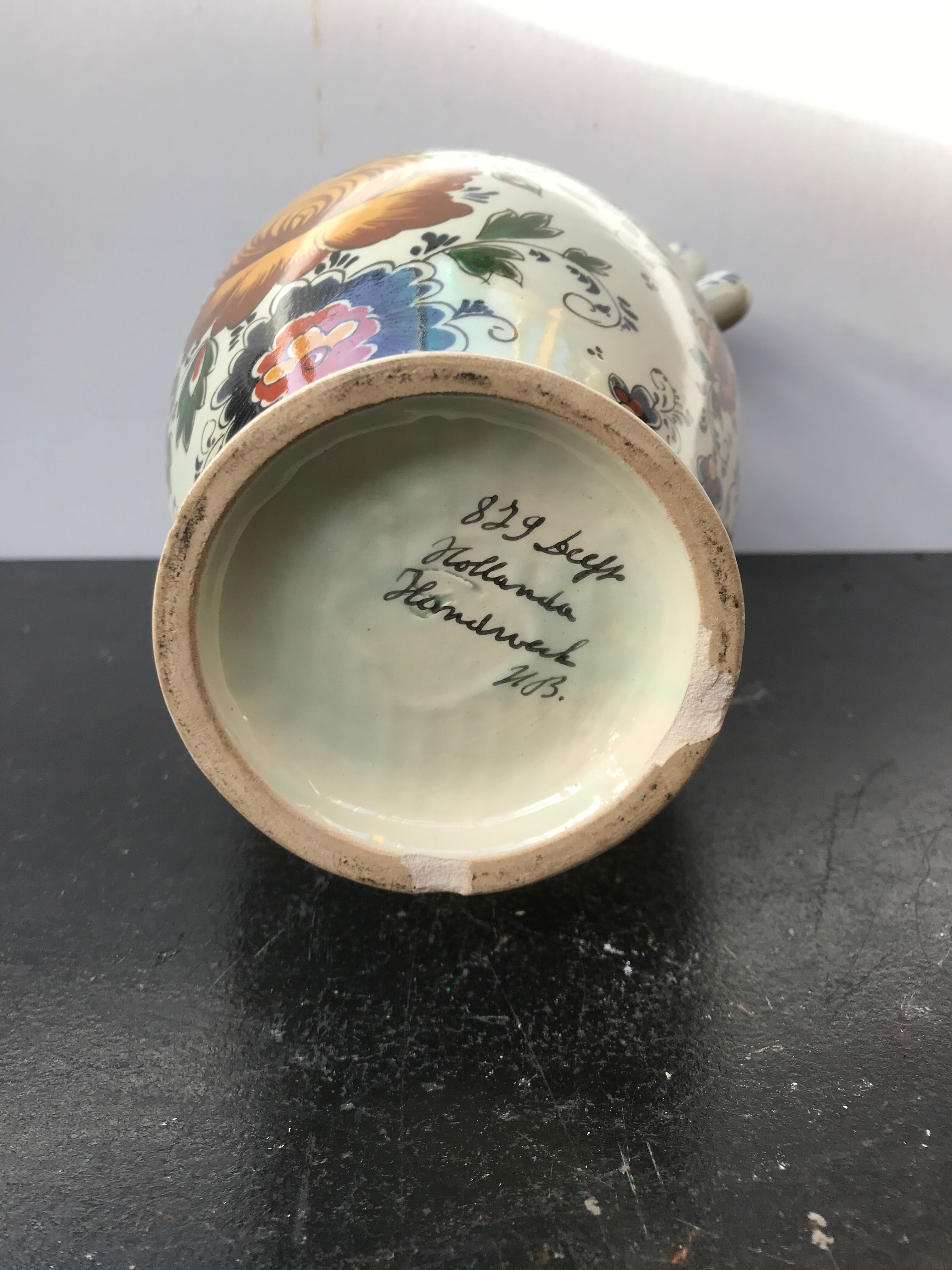 Vase Delft avec anses céramique blanc décor fleurs vintage Selency