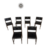 Lot of 6 Scandinavian design chairs in wood and black faux leather an70.