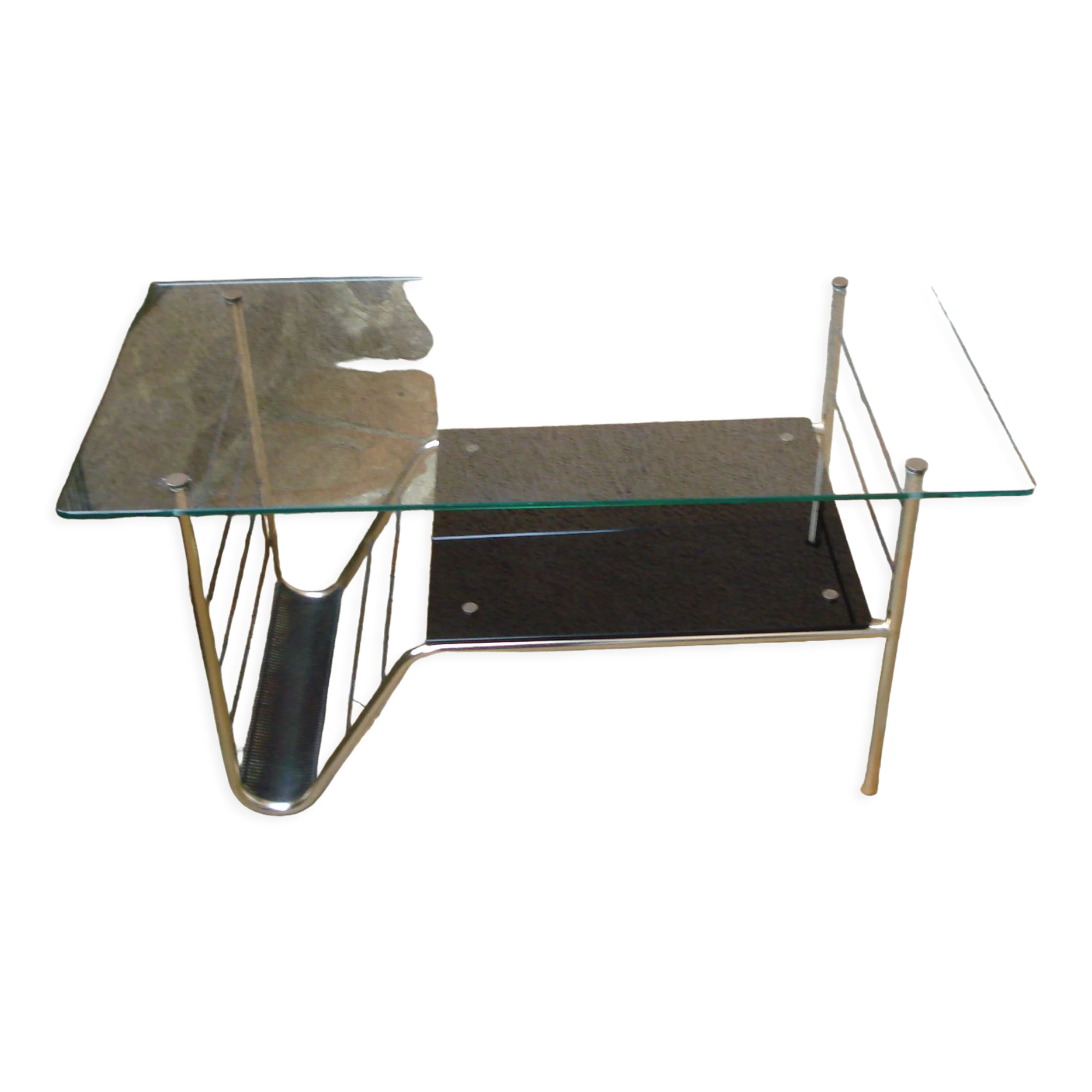Table basse vintage double plateau verre et structure en métal doré