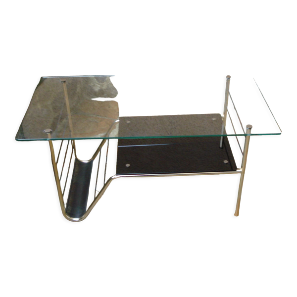 Table basse vintage double plateau verre et structure en métal doré