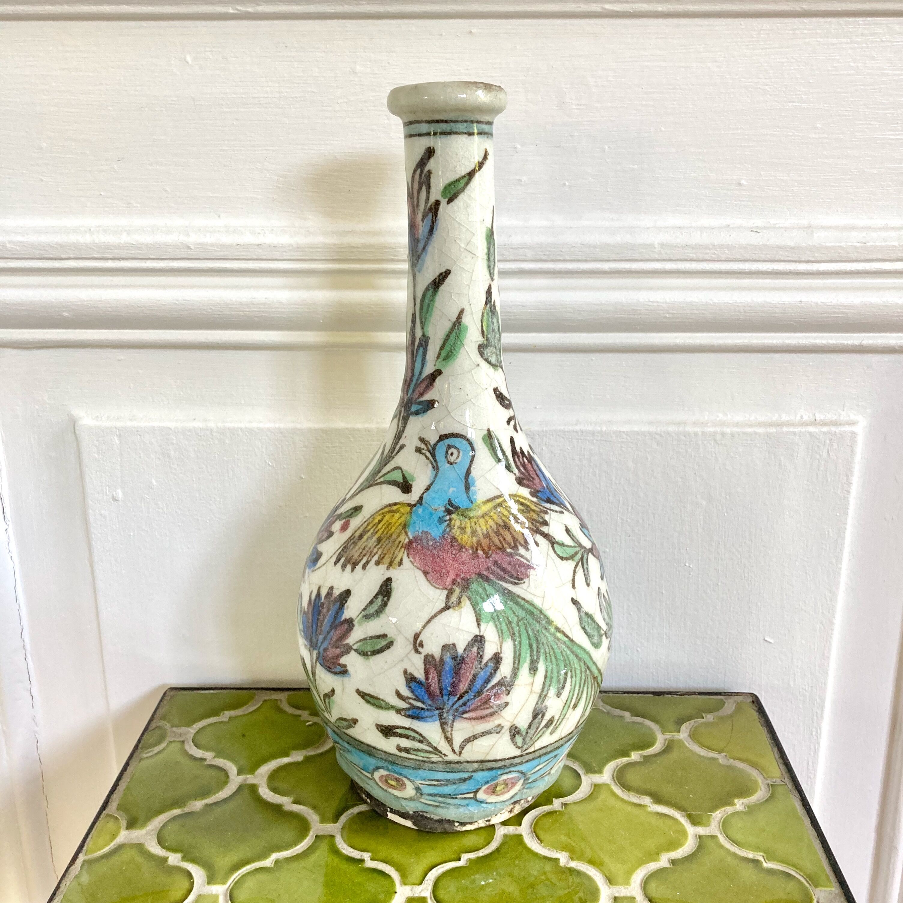 Vase céramique craquelée décor oiseaux