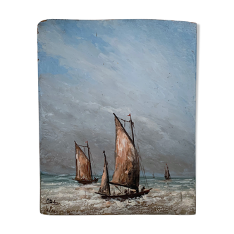 Tableau marine huile sur panneau scène de voiliers