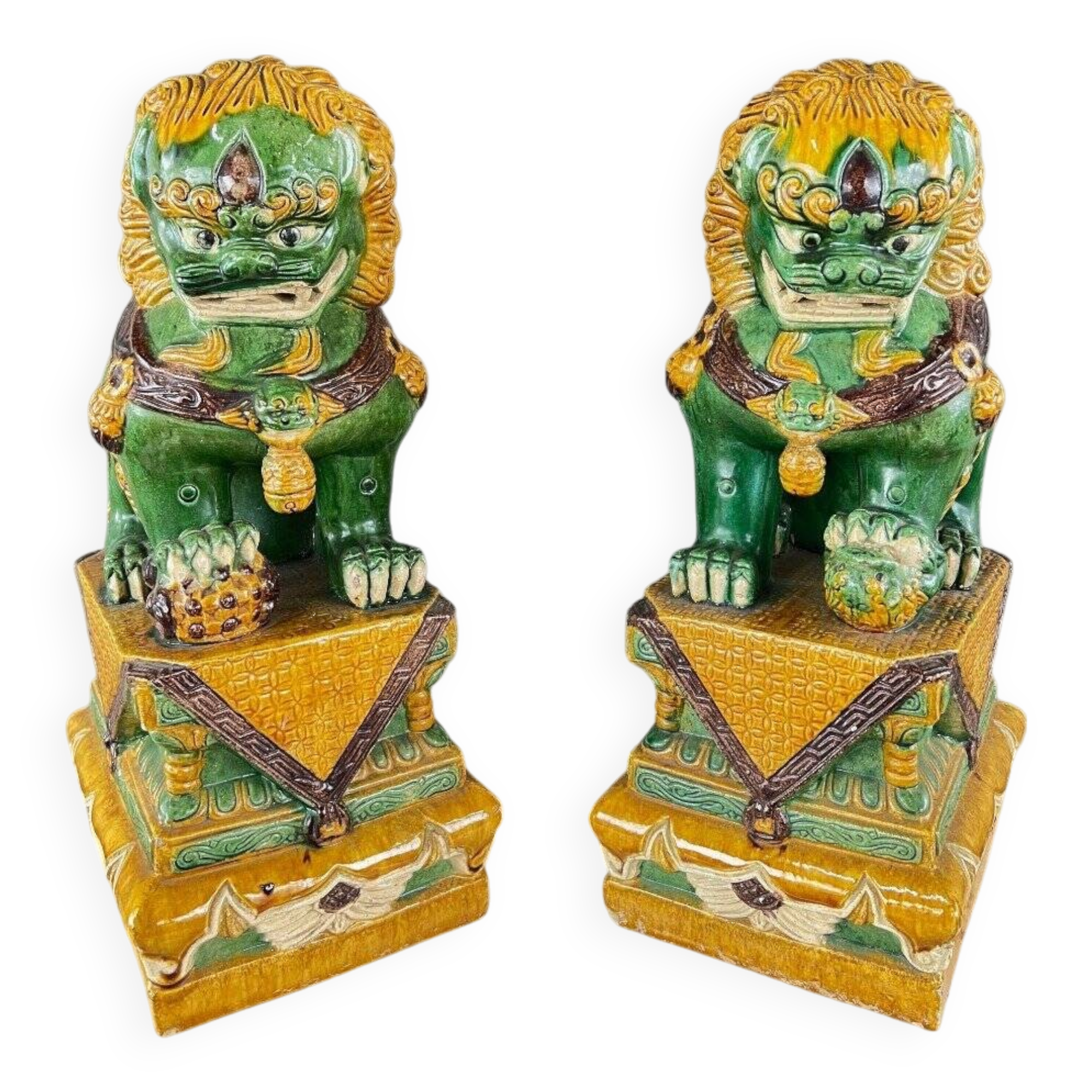 Pair of Guardian Lions in Glazed Ceramic, China, 20th Century