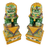 Pair of Guardian Lions in Glazed Ceramic, China, 20th Century