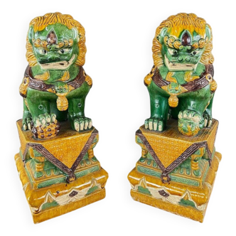Pair of Guardian Lions in Glazed Ceramic, China, 20th Century