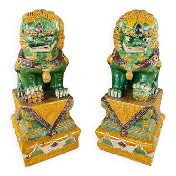 Paire De Lions Gardiens En Céramique émaillée, Chine, XXe Siècle