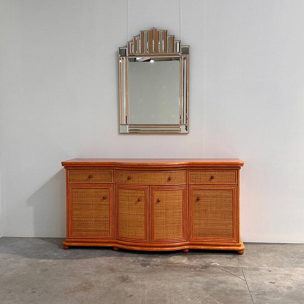 Vintage rattan & wood orange curved sideboard, 1980s