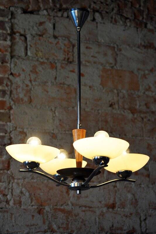 Art Deco Chandelier in Chromed Steel and Beech, Czech, 1920s