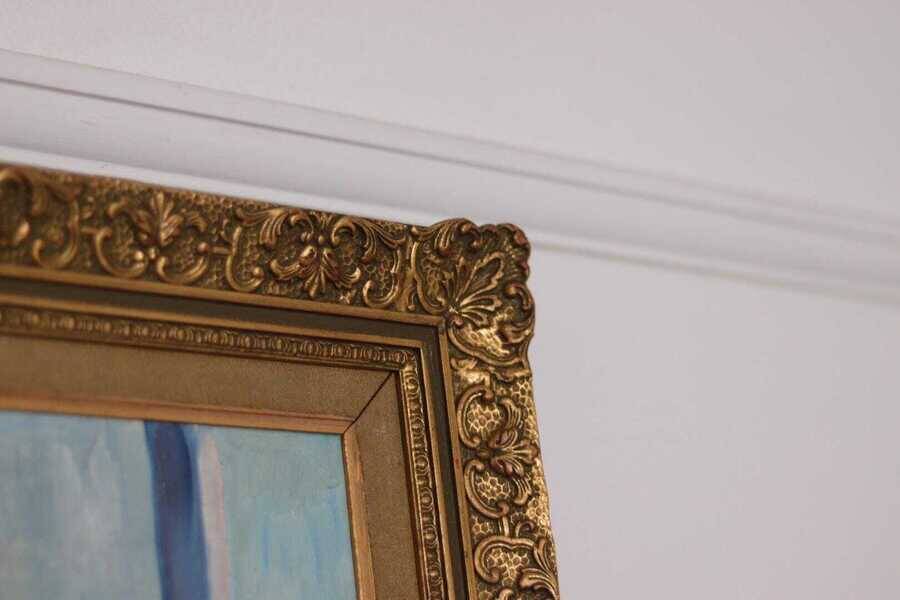 Original Swedish oil on canvas – “Woman with Flowers” by Bendt Lauritzen – signed, framed 82 × 72 cm (32.3" × 28.3")