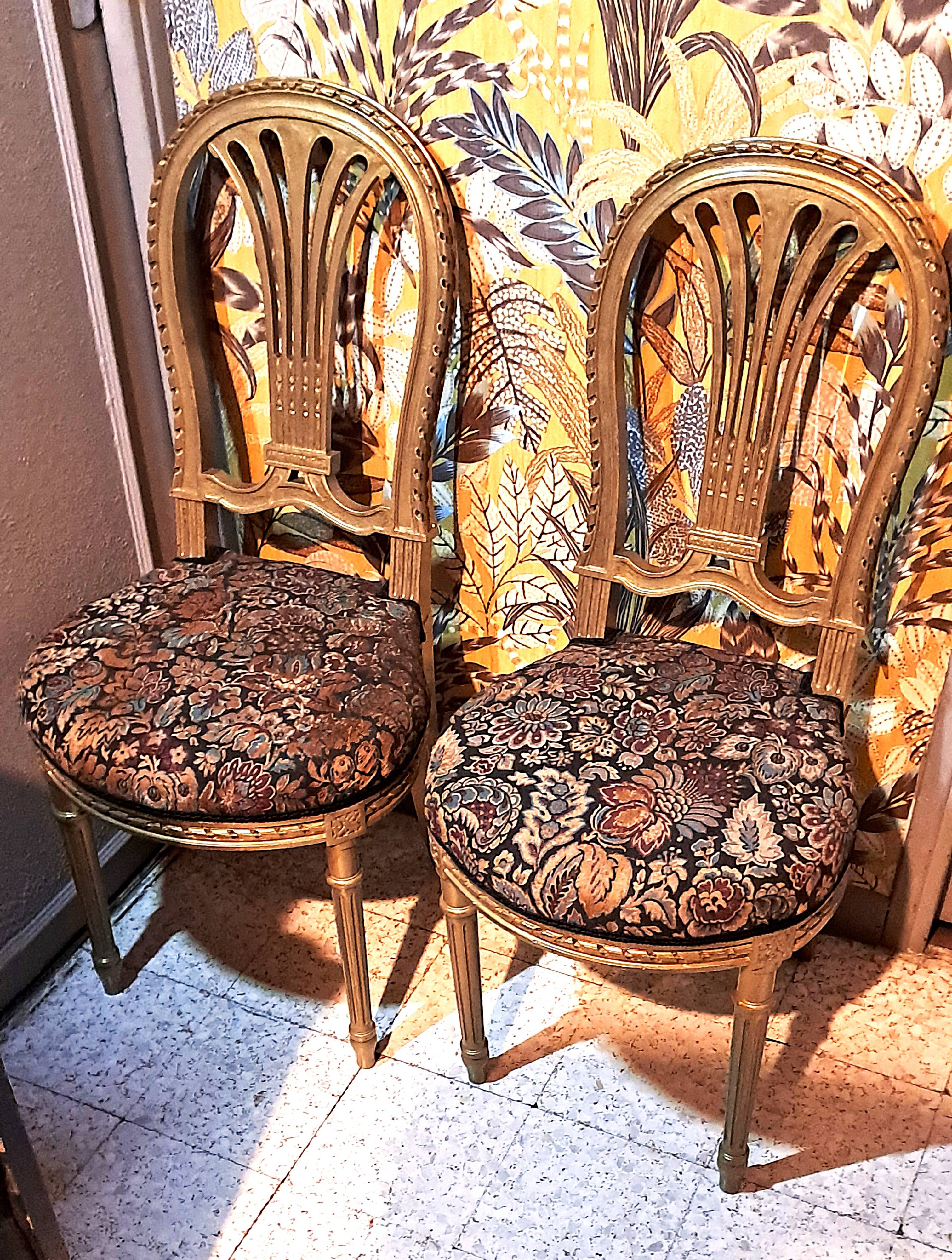 Napoleon III chairs, gilded wood, upholstered in damask fabric