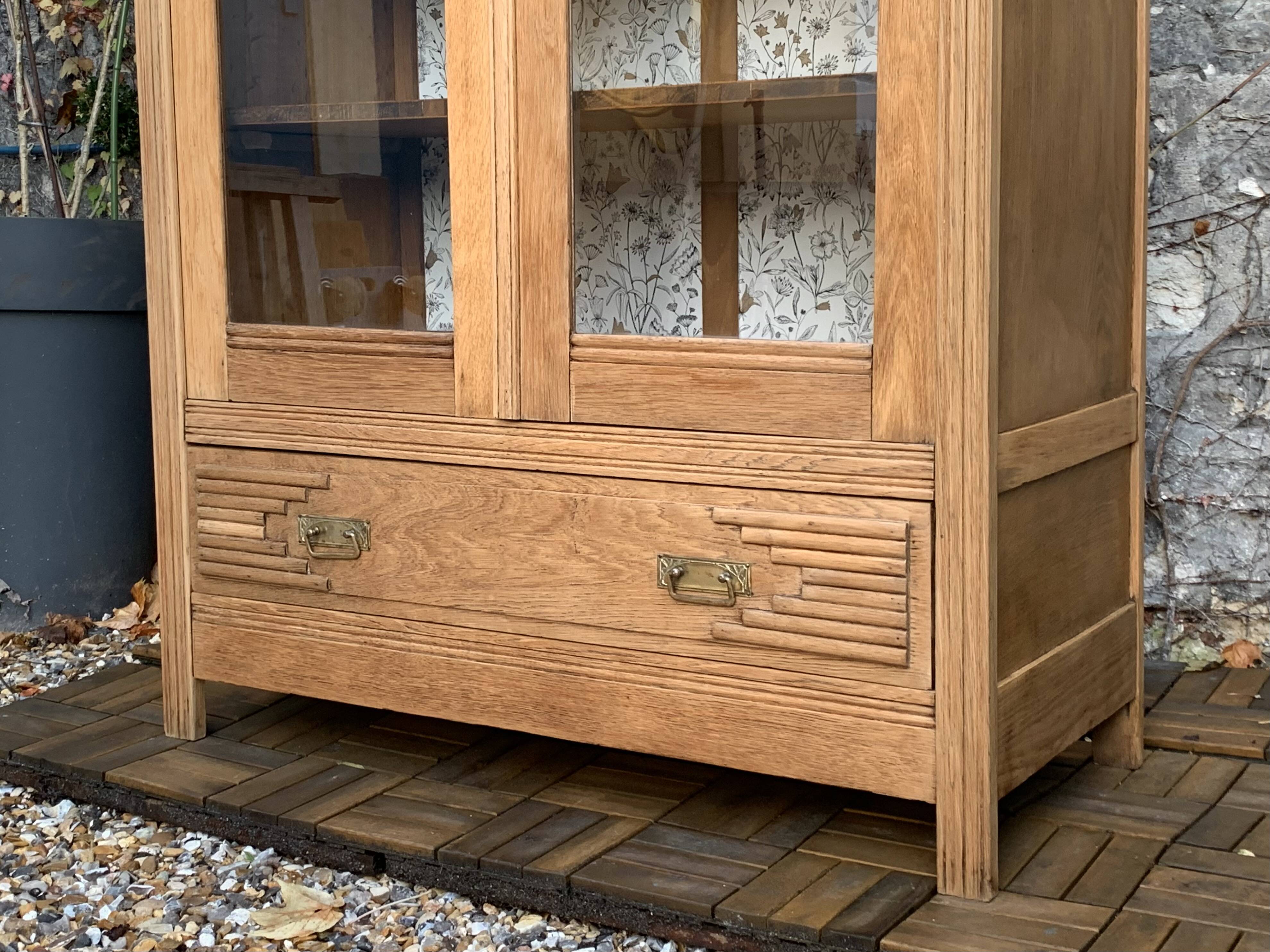 Parisian art deco glass cabinet in raw wood