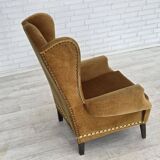 1970s, Danish high back armchair, furniture velour, oak wood legs.