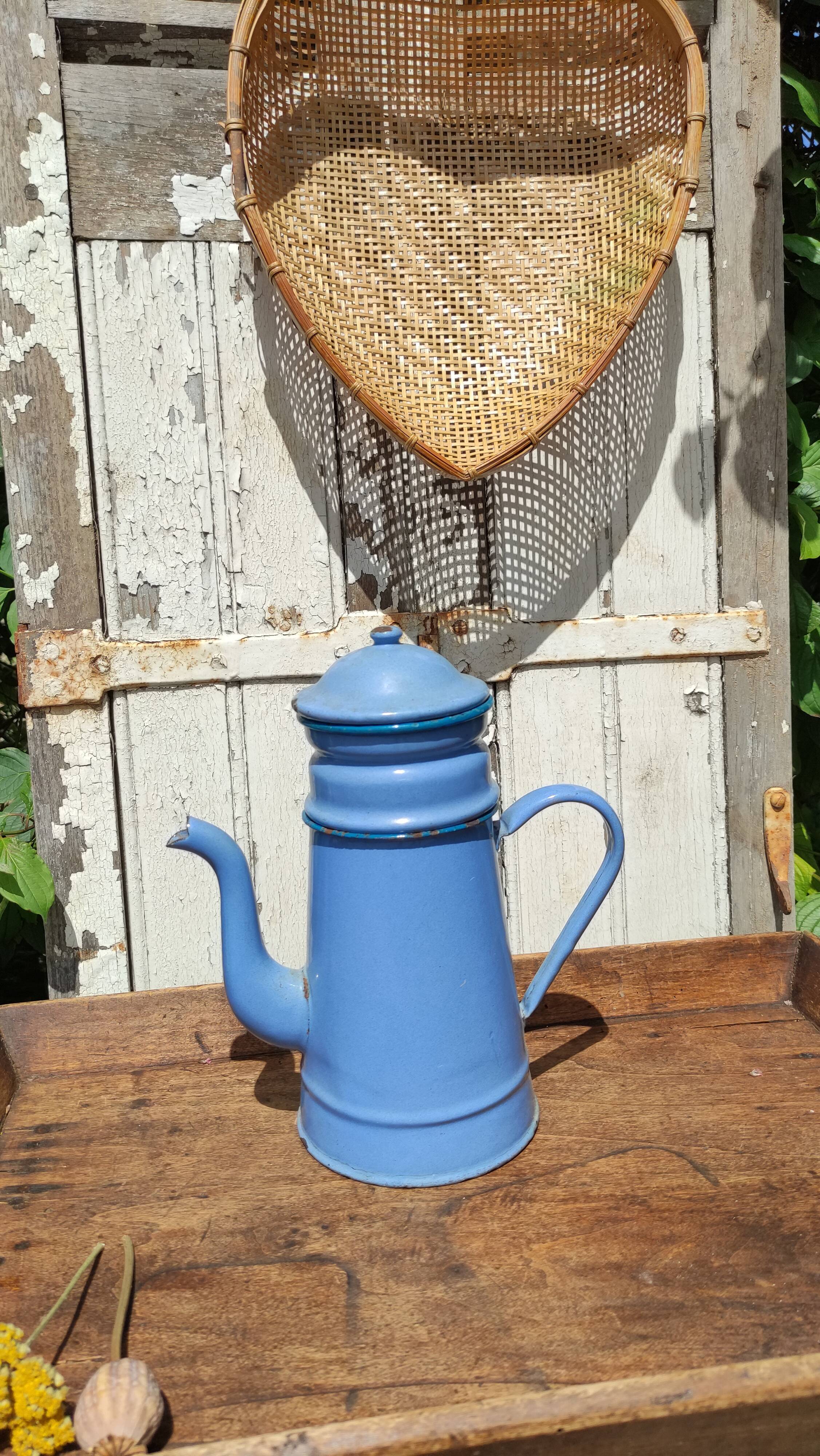 Blue coffee maker in vintage enamelled sheet metal