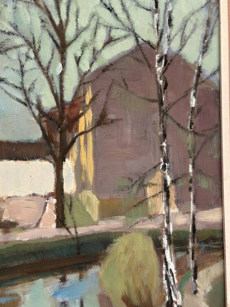 Original Swedish Oil on Canvas - "Landscape with Trees and Buildings" by Ingvar Björk - 1948 - Vintage - Framed - 62 × 48 cm (24.4" × 18.9")