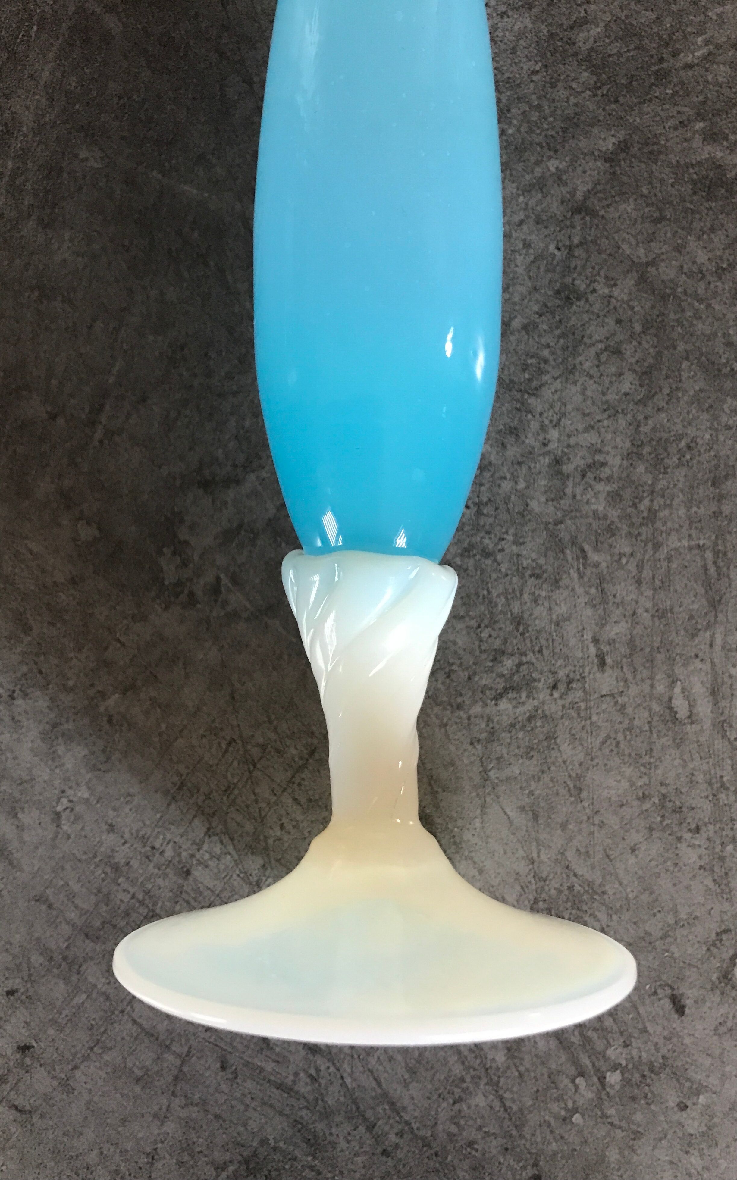 Vase soliflore in opaline turquoise blue color and white foot 24 cm