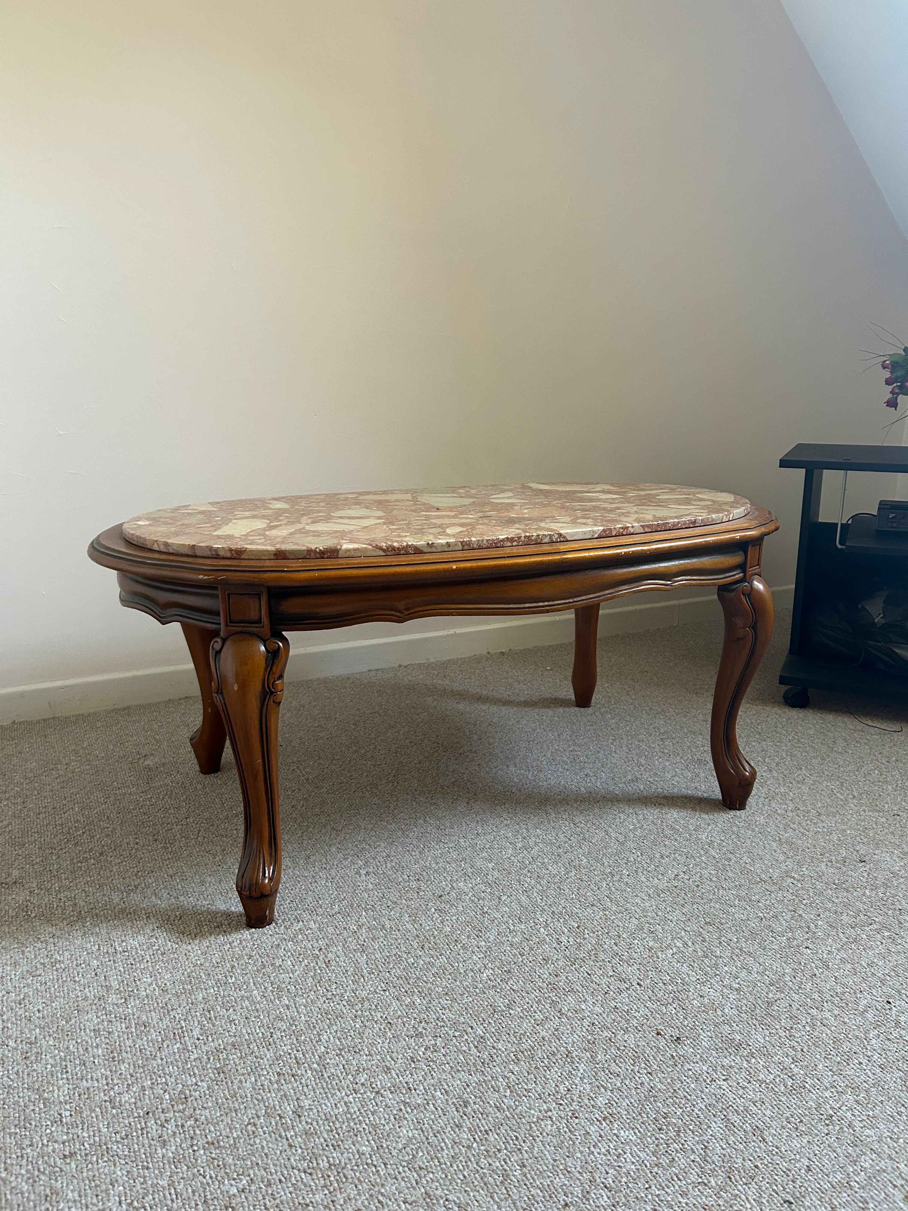 Louis XV style coffee table with marble and solid wood.