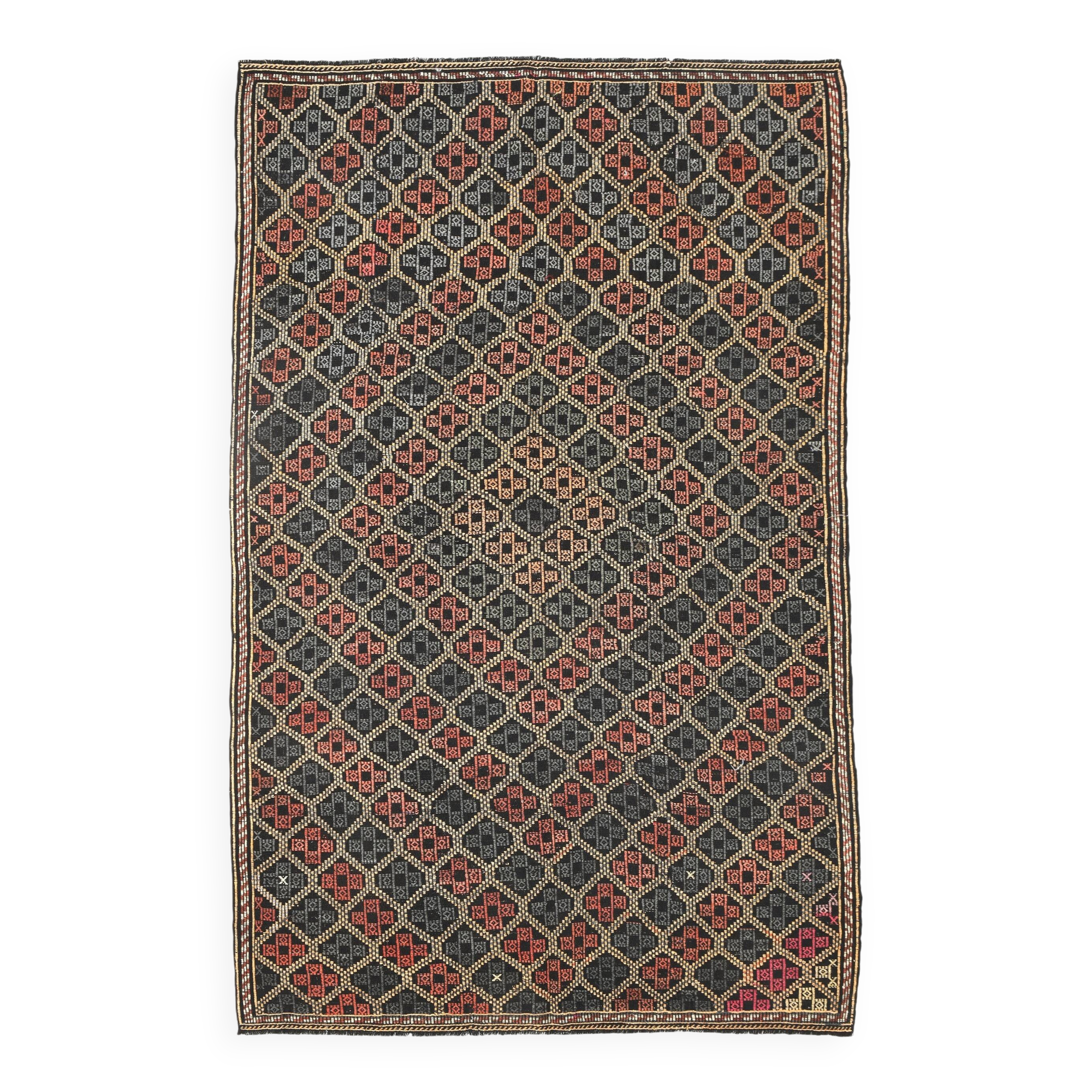6x9 Pale Red & Yellow Geoemtric Kilim Rug, Handwoven Wool Antique Carpet