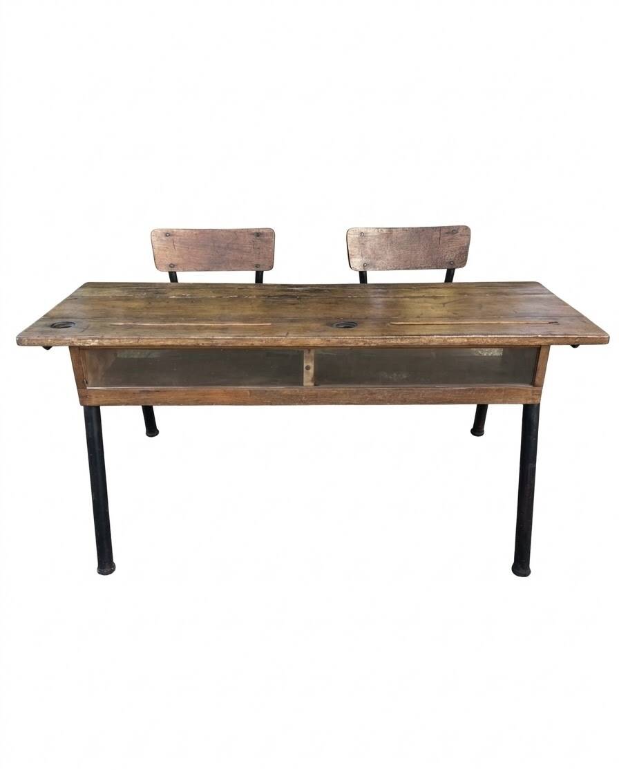 bureau d'école double avec chaises intégrées (ou pupitre d'écolier double)