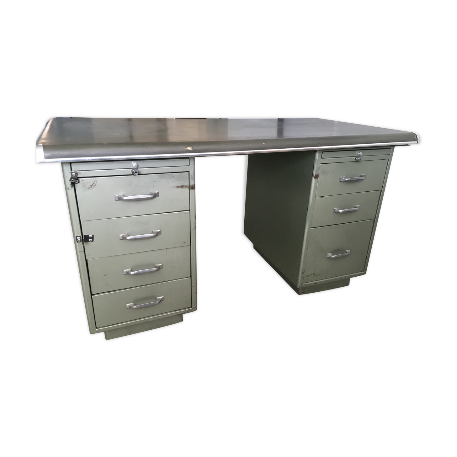 Industrial office minister green metal workshop double drawer box