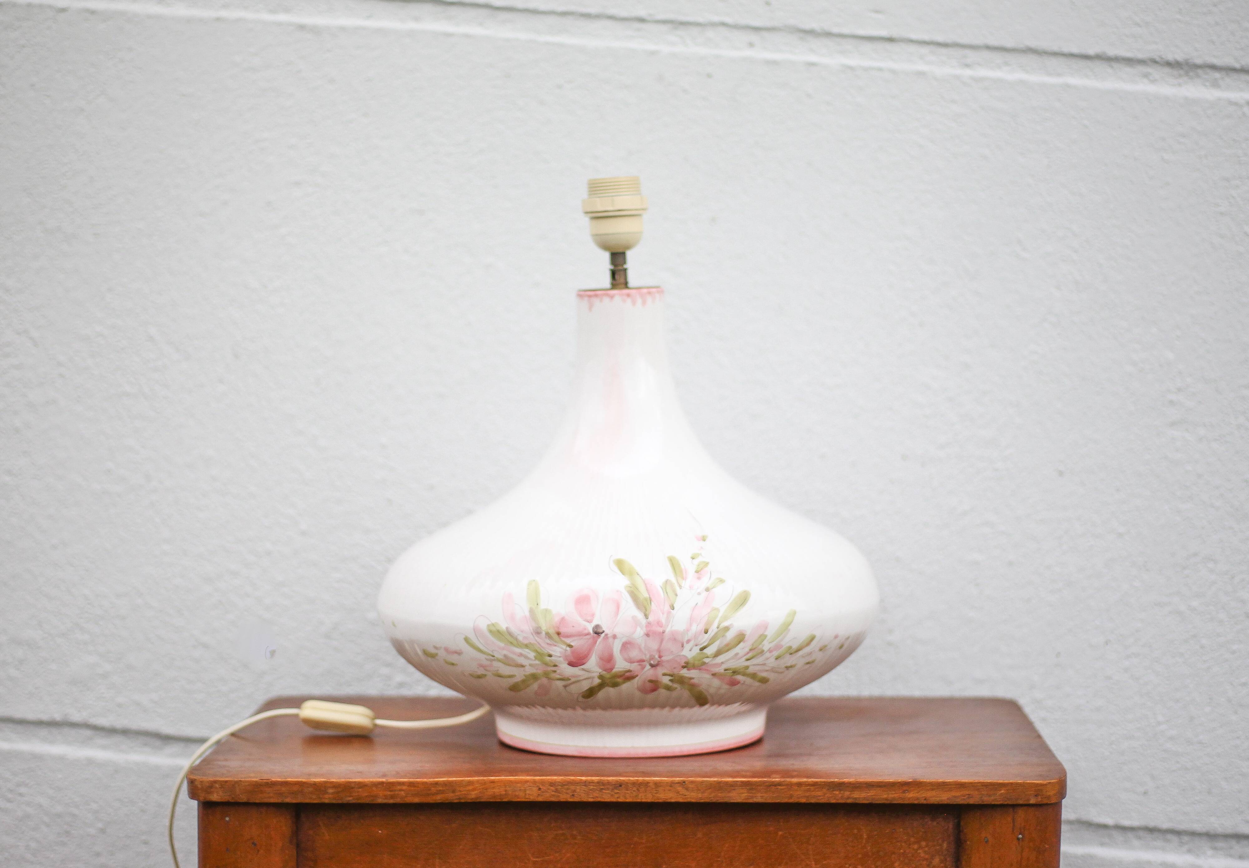 Large glazed terracotta lamp with flower decoration, ceramic signed Maithé