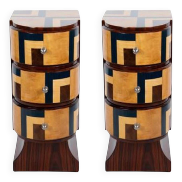 A pair of Art Deco bedside tables made of beech wood, rosewood & burl.
