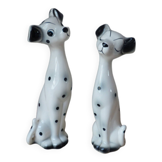 Two Vintage White Dalmatian Dog Statuettes with Black Polka Dots