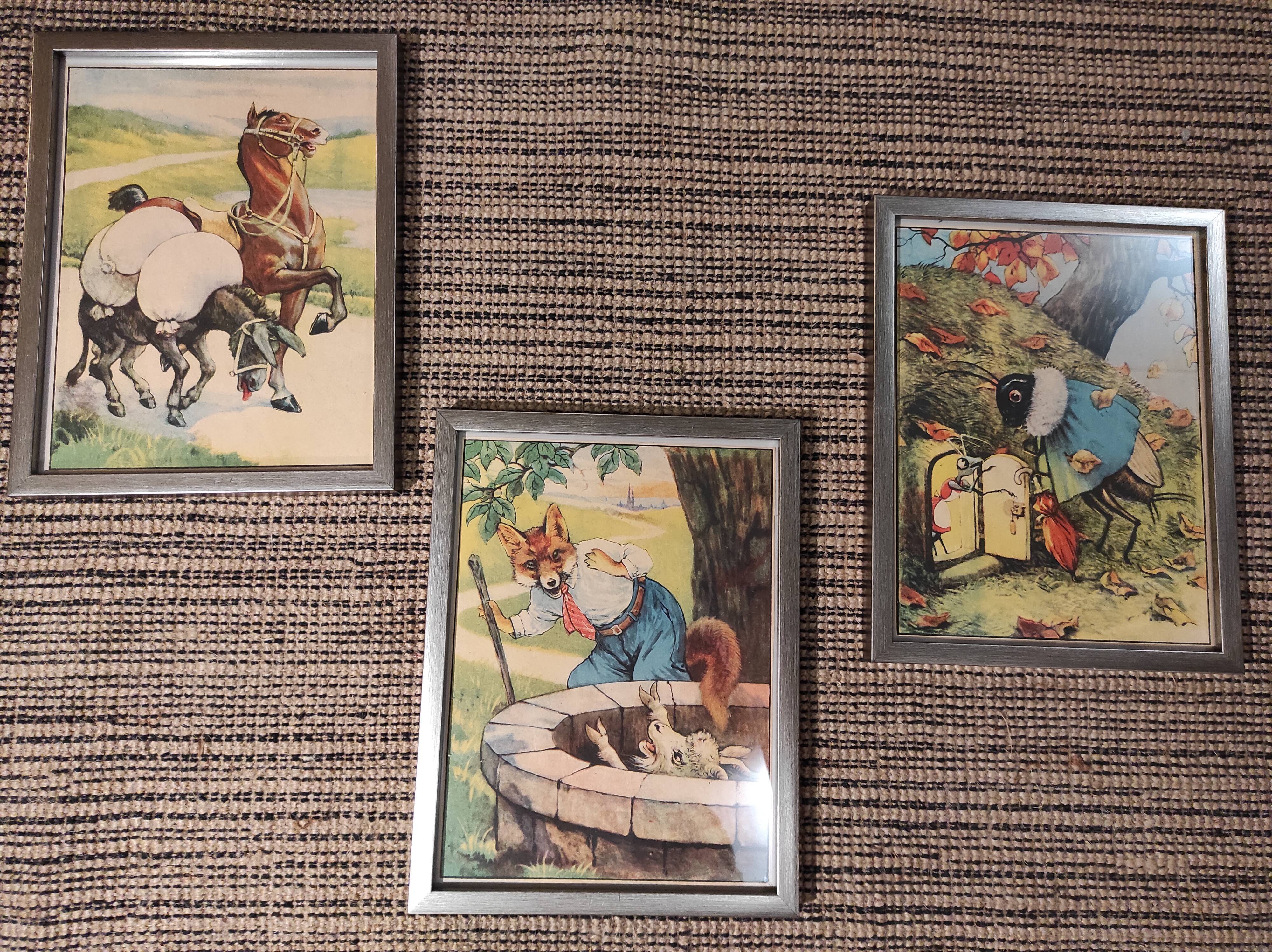 Set of 5 illustrations framed in glass the Fables of La Fontaine