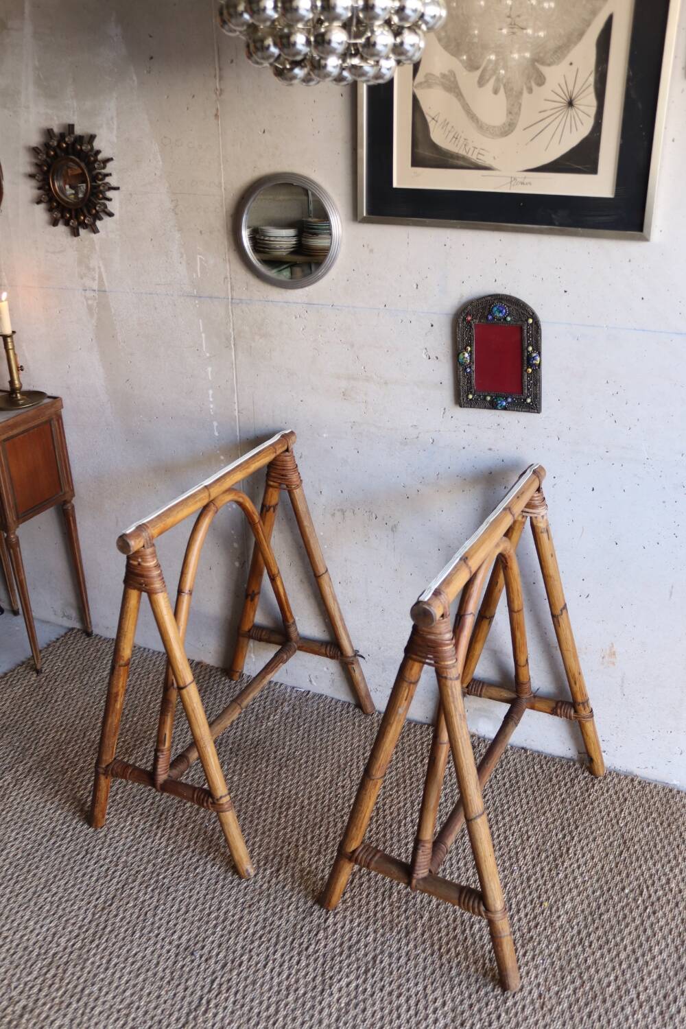 Pair of vintage rattan trestles