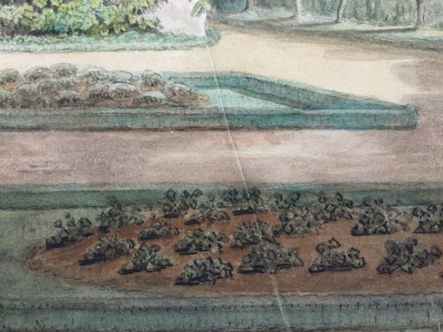 The garden of the abbey. Watercolour 19th century monogrammed.