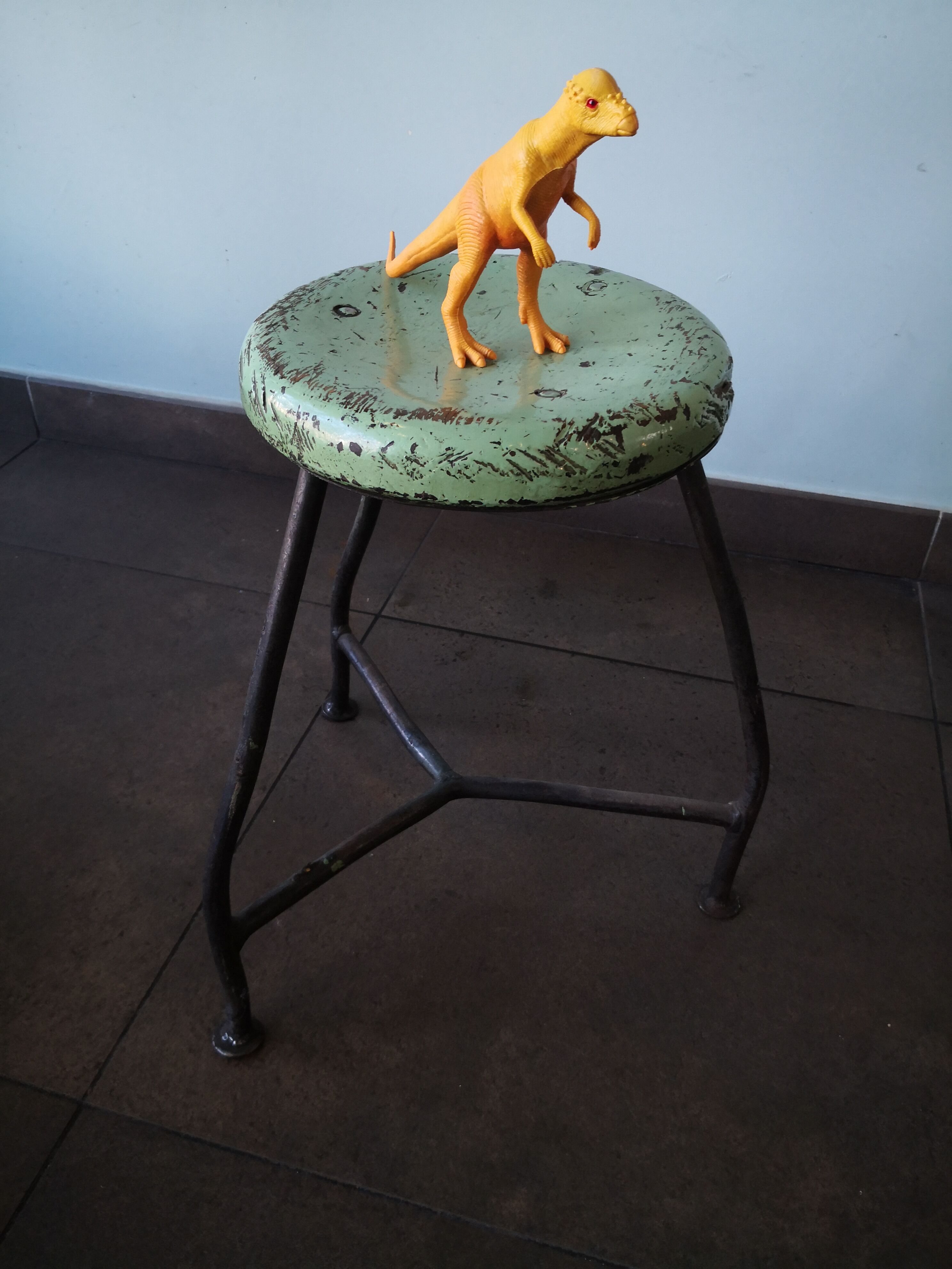 Vintage tripod stool, industrial style wood and metal