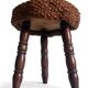 Rustic French Wood & Natural Fiber Stool/ Accent Table, Audoux-Minet Style