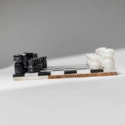 Vintage black-and-white marble chessboard with matching marble pieces, Italian 1960s design, sculptural centerpiece