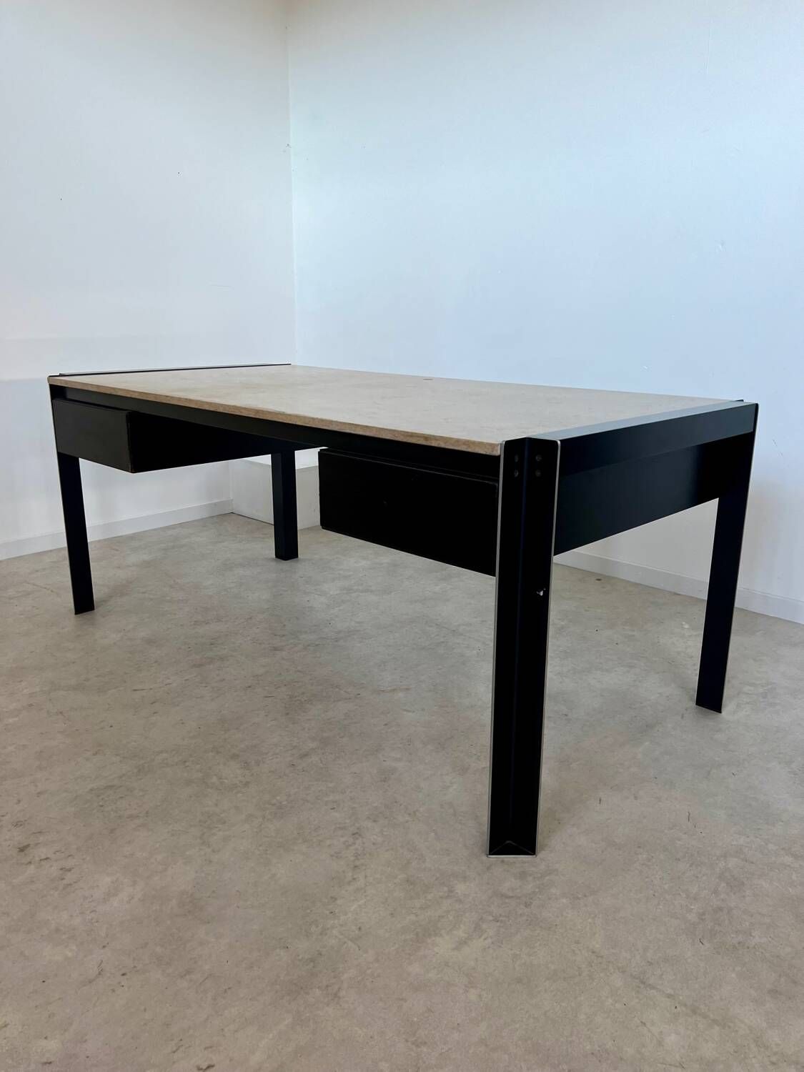 Italian design postmodern desk in metal and vintage 80s travertine top