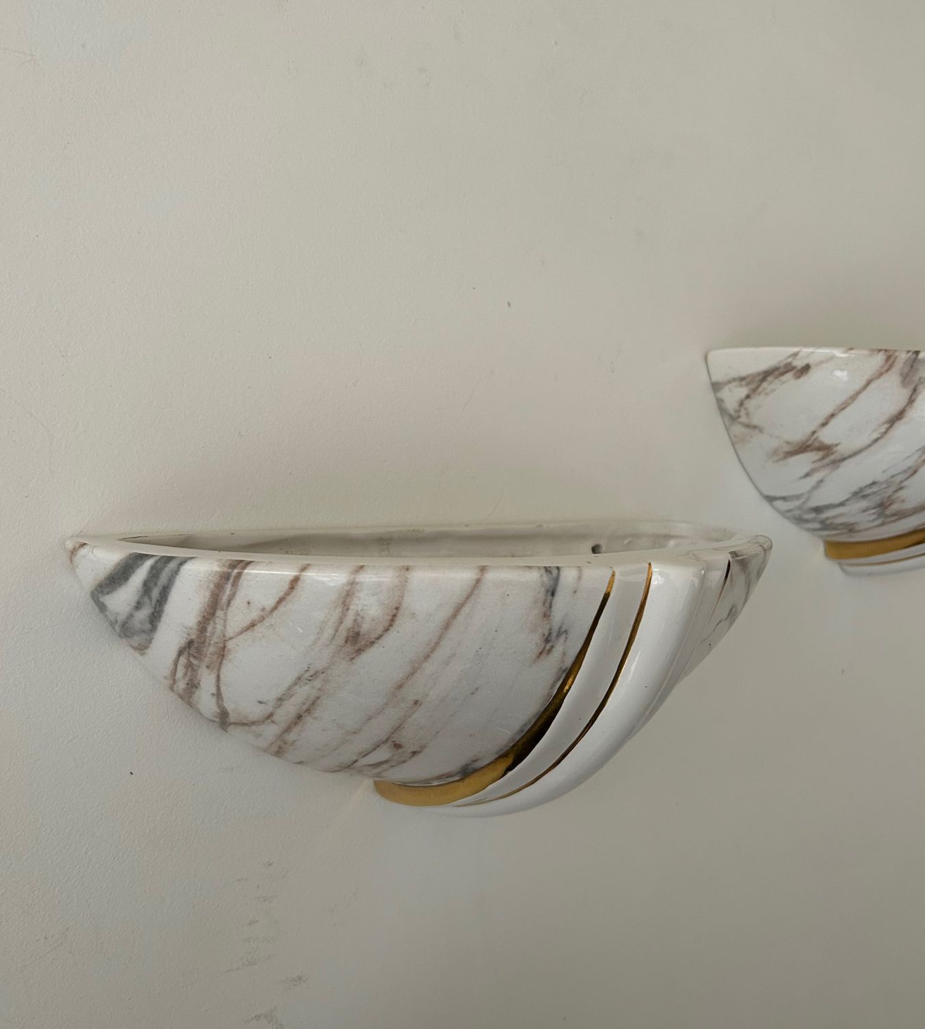 Pair of vintage marbled and gilded porcelain sconces, France 1970