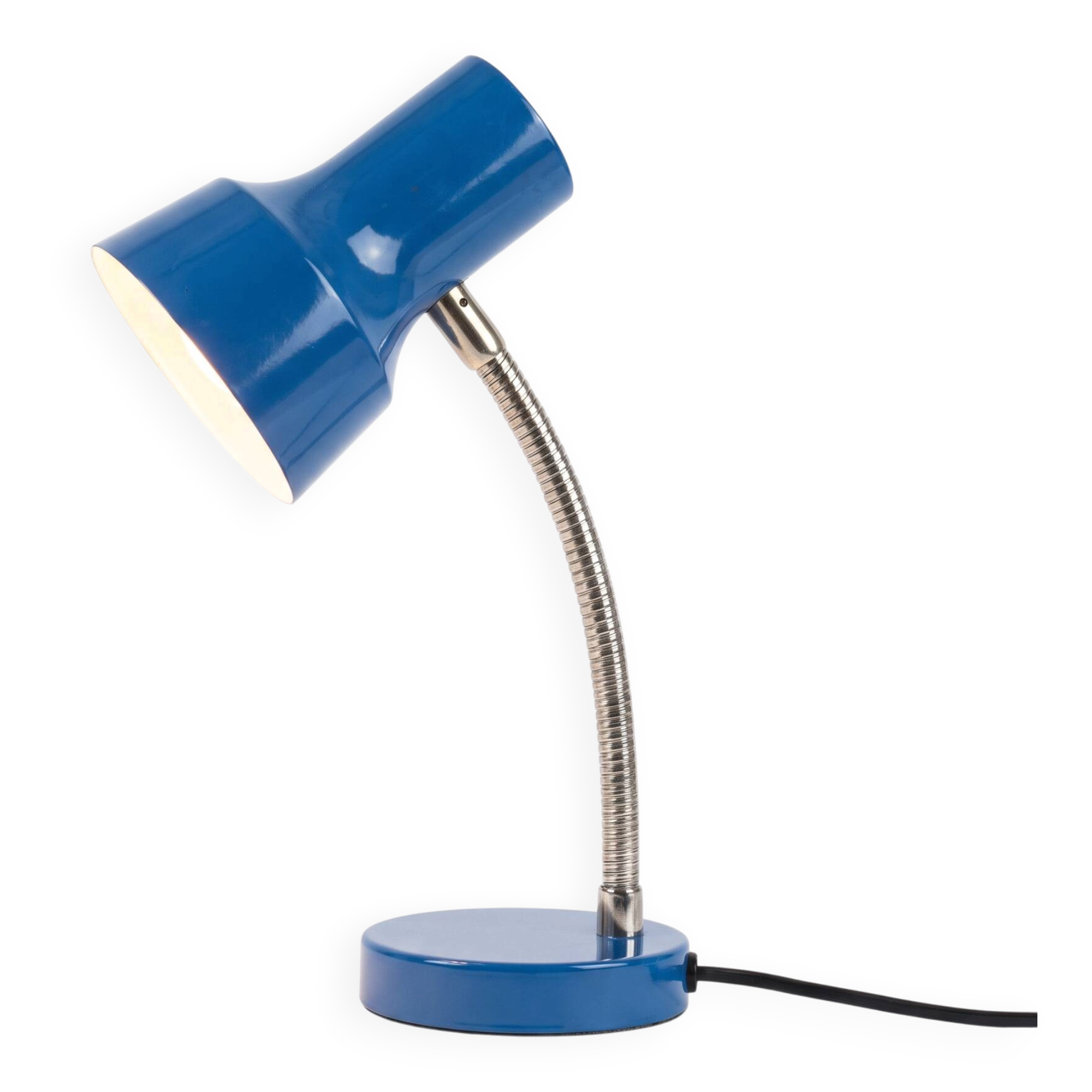 Vintage blue desk lamp with a chrome gooseneck, 1970s.
