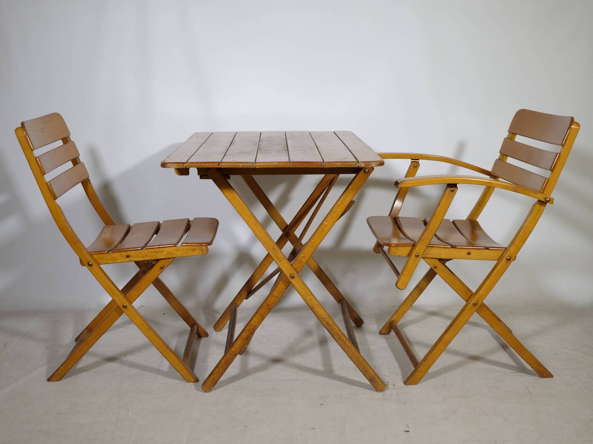 Vintage Solid Wood Folding Garden Furniture Set, Set of 3, 1970s
