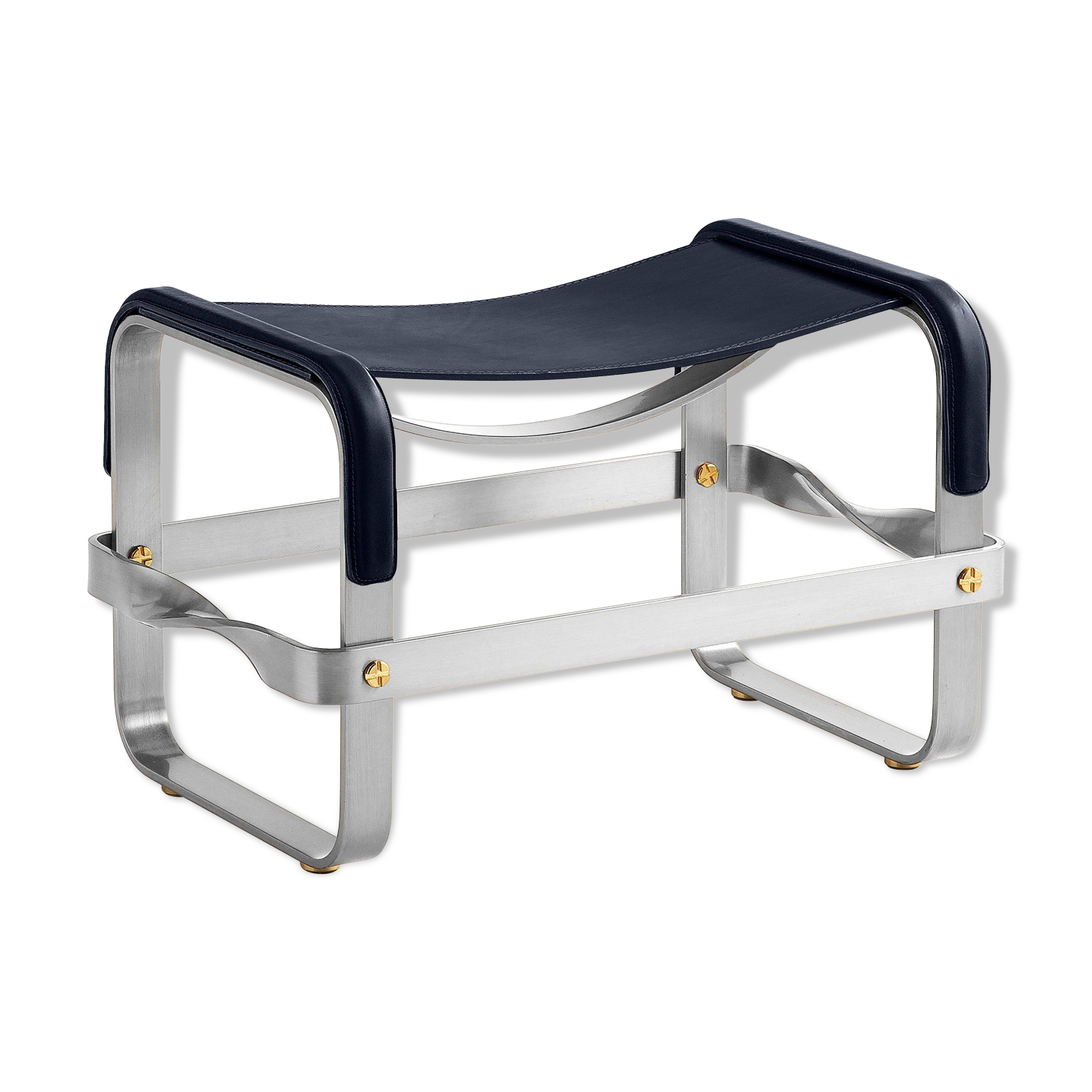 Repose-pied acier argent vieilli et cuir de siège bleu marine, style contemporain
