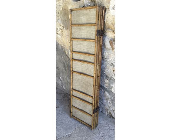 Vintage screen with 4 leaves in bamboo and woven rattan - 1950